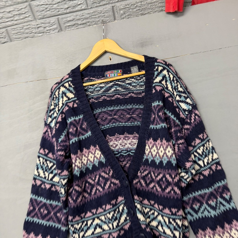 Paris Sport Club Vintage Fair Isle Cardigan Sweater Navy Blue Purple Mens Medium